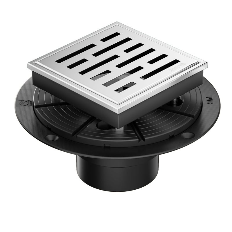 Neodrain Square Shower Drain, 4 inch Stainless Steel 304 Grate and PVC Drain Body, Brick Pattern Grate with Brushed Nickel Finish, Kit Includes Hair Trap/Strainer,Lifting Hook and PVC Drain Base - Image 1